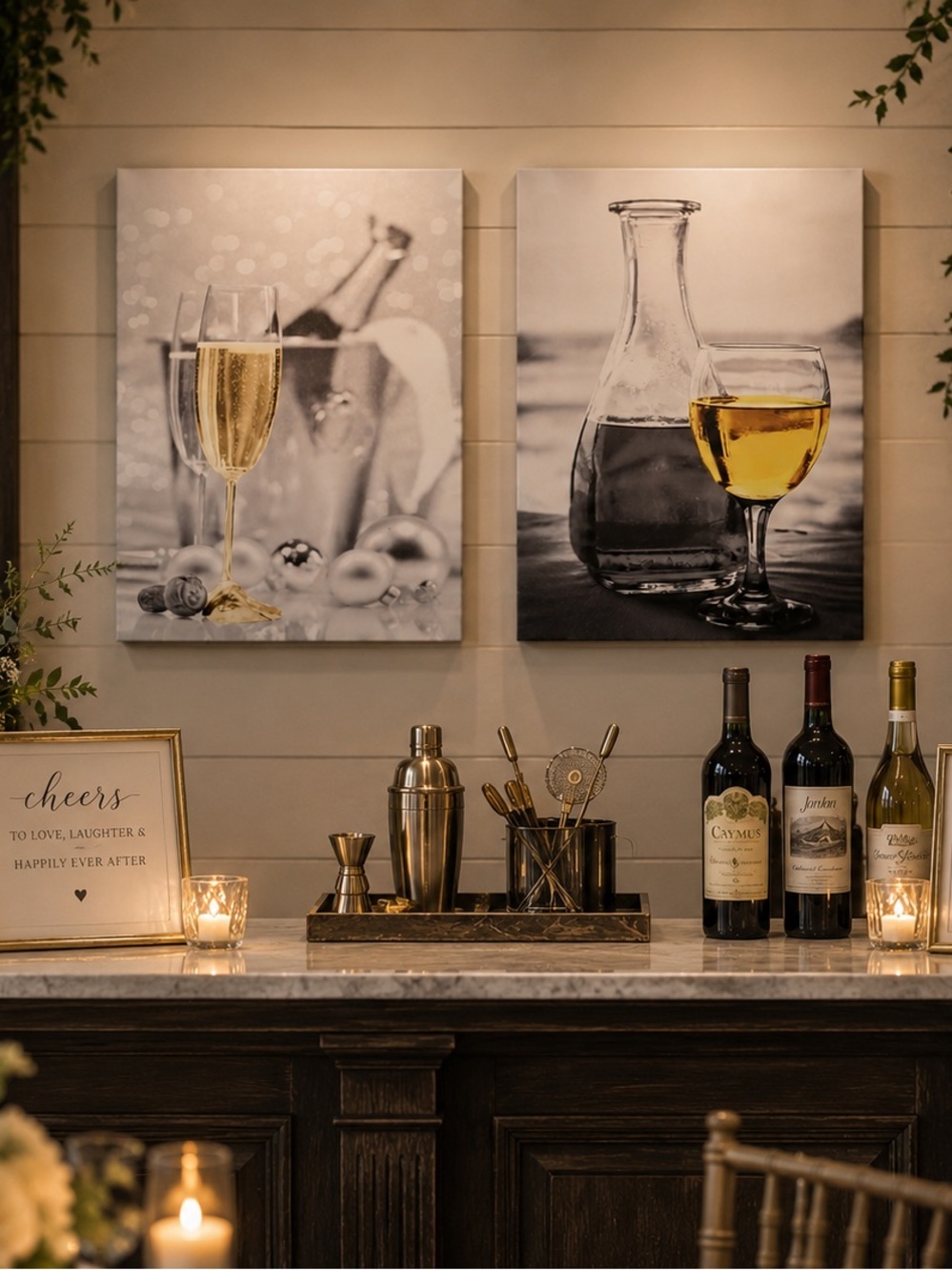 Set of Contemporary Wine & Champagne Canvas Prints Wall Art Neutral Bar Decor